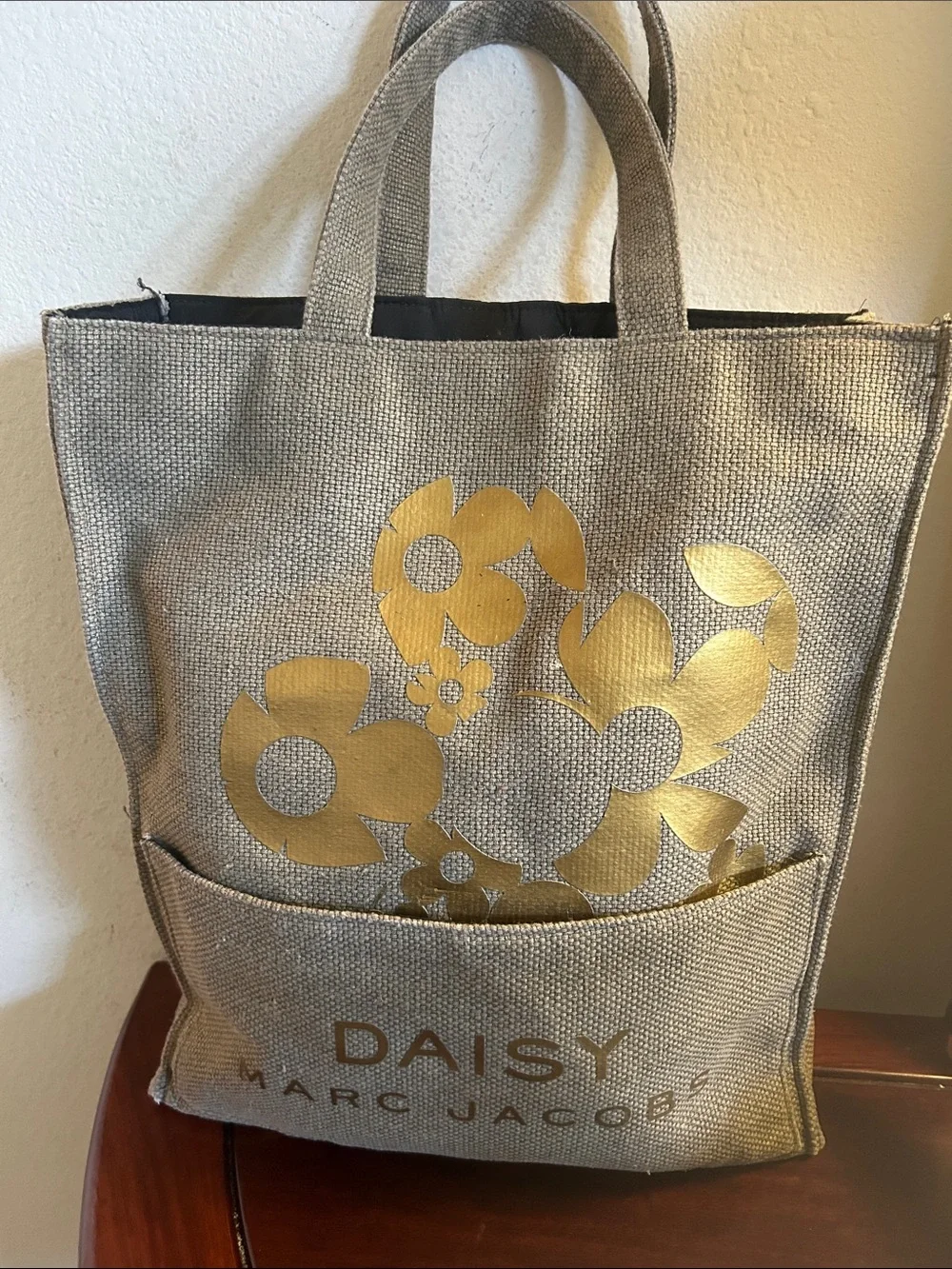 Marc Jacobs Beige Tote with Metallic Gold Daisy Motif